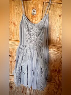Abercrombie & Fitch Light Blue/Gray Lace-Front Spaghetti Strap Mini Dress